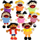 4E's Novelty Multicultural Hand Puppets for Kids - 8 Pack with Movable Mouth, Bulk Soft Plush Puppets for Kids Ages 4-8, for School Home Theater Shows, Teachers Classroom Supplies