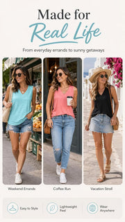 Women Summer Sleeveless V Neck Tank Top, Slimming Loose Fit Casual Tee for Daily☀️