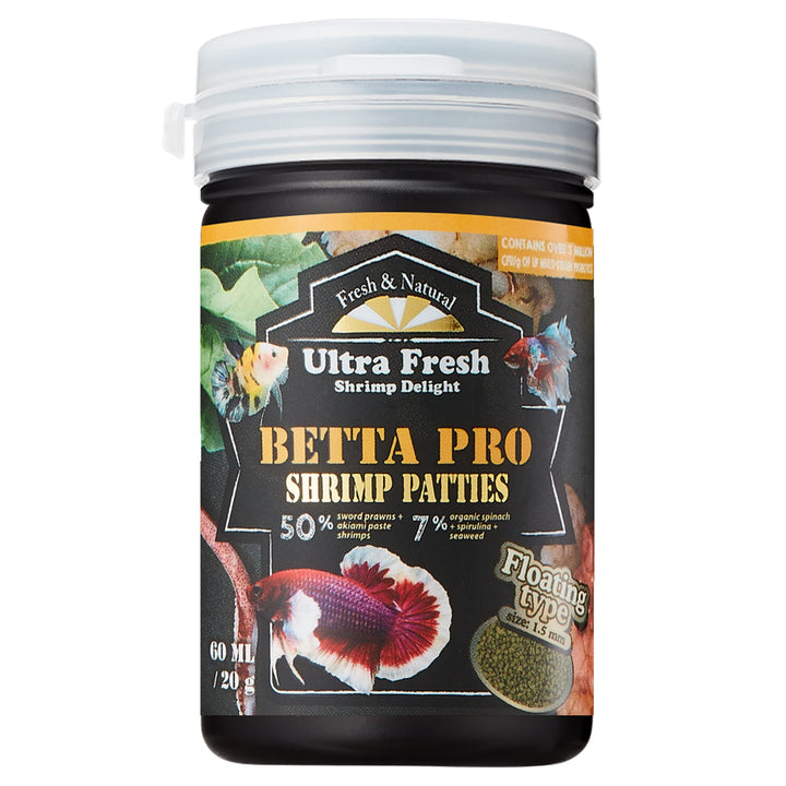 Ultra Fresh Betta Fish Food, Betta Pro Shrimp Patties, 50% Sword Prawns + Akiami Paste Shrimps, All Natural Protein, Rich in Vitamins, Healthy Development and Cleaner Water 0.7 oz