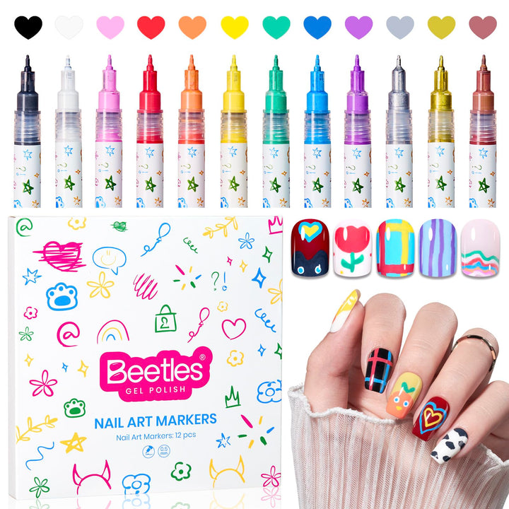 Beetles 12 Colors Nail Art Pens, 0.5mm Fine Line Nail Polish Pens for Women | Quick Air Drying Acrylic Paint Markers for Nail Art Design Easy Painting Dots Liner Lettering, DIY Home Salon Nail Art Tools