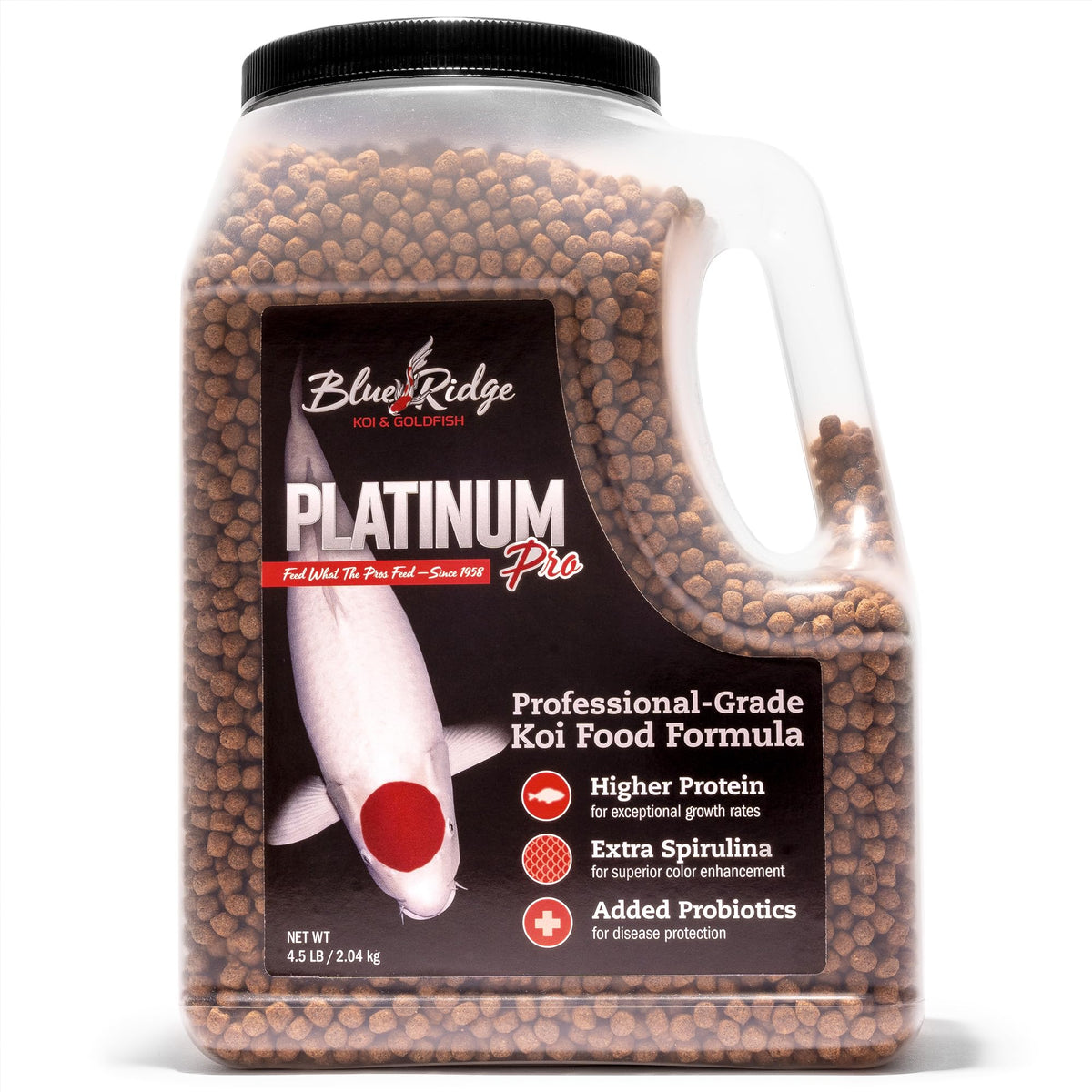 Blue Ridge Koi Platinum Pro 41% Protein Fish Food, 3/16" Pellets, 4.5 lb | Floats, softens fast; Spirulina & Canthaxanthin color support; probiotic-enriched; warm-season formula