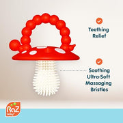 RaZbaby Soft Silicone Infant & Baby 3M+ Teether Toy Massaging Bristles Teething Relief Pacifier - Soothes Sore Gums - Hands-Free & Easy-to-Hold Chompy Teether, BPA Free (RED/Green)