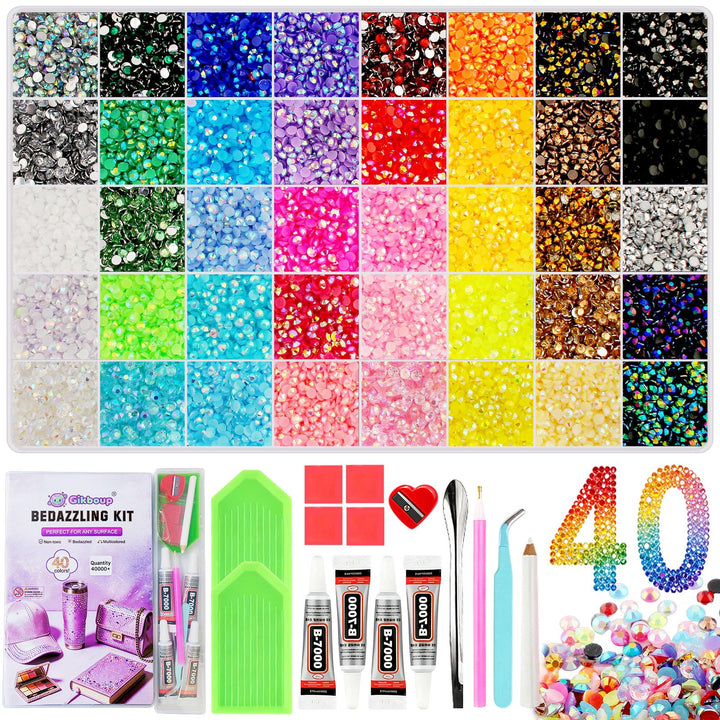 40 Colors,Bedazzling Kit,40000pcs 3mm Jelly AB Resin Rhinestones | Flatback gems with 4 B-7000 glue tubes, 40-compartment box, tweezers and trays for tumblers, phone cases and DIY crafts.