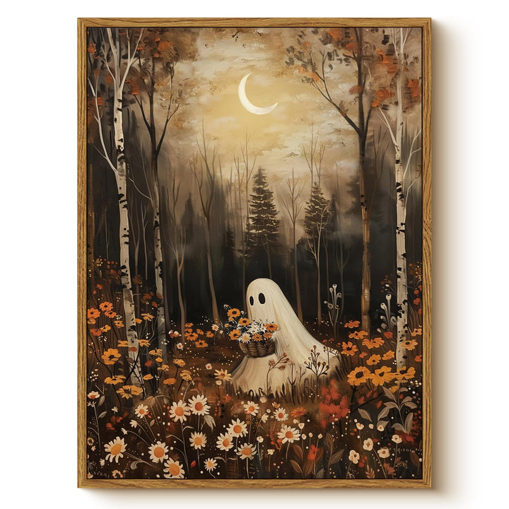 Vintage Cute Ghost Holding Flowers 12x16 Halloween Wall Art, Autumn Birch Forest Crescent Moon Framed Canvas Print, Cozy Orange Flowers Artwork Rustic Fall Spooky Bedroom Home Decor