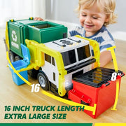 JOYIN Large Friction Powered Garbage Truck Toy Set, Includes 1 Dumpster, 3 Trash Bins, and 30 Learning Cards for Kids, Boy Toys Birthday Gift, Green