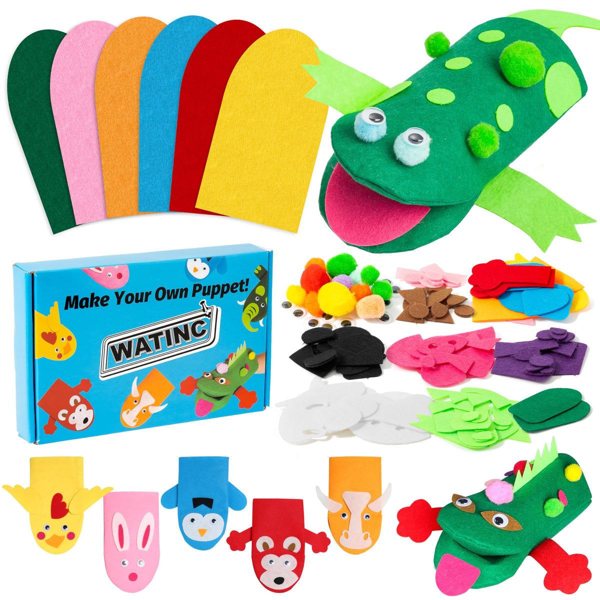 WATINC Hand Puppet Making Kit, Felt Sock Puppet Toys for Kids (Animals) | 6 Styles, Make Your Own Storytelling & Role Play Crafts, Creative Group Activity, Party Favors & Gifts for Kids Ages 4-8