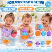 Fajiabao Toddler Bath Toys for Kids Ages 1-3 Stack, Scoop & Pour Set 5PCS | Drain Quickly Nest for Easy Storage & Stuffers with 3 Animal Stacking Cups, Watering Can & Scoop That Floating Tub Water Play