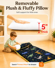 Primlect Toddler Nap Mat with Pillow, Thickened Extra Large Sleeping Bag | 55''x35'' Sleeping Mat with Blanket, Washable, Roll up, Perfect for Daycare, Preschool, Kindergarten, Boys, Dinosaur