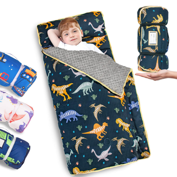 Primlect Toddler Nap Mat with Pillow, Thickened Extra Large Sleeping Bag | 55''x35'' Sleeping Mat with Blanket, Washable, Roll up, Perfect for Daycare, Preschool, Kindergarten, Boys, Dinosaur