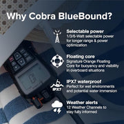 Cobra BlueBound 350 VHF Handheld Marine Radio, Black – 6-Watt, Floats | Long Range, NOAA Weather Alerts, International Functionality, IPX7 Waterproof, USB-C, Submersible, LCD Screen, Belt Clip