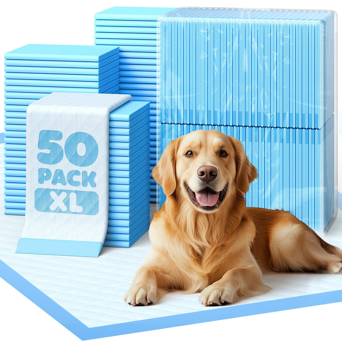 Powools Puppy Pads for Dogs, 34x28 in, 6-Layer Leakproof, 50-Pack | Extra-Large Pee Pads, Disposable, Quick-Dry Dog Pads, High Absorbency, Wee Wee Pads for Dogs, Easy Puppy Potty Training