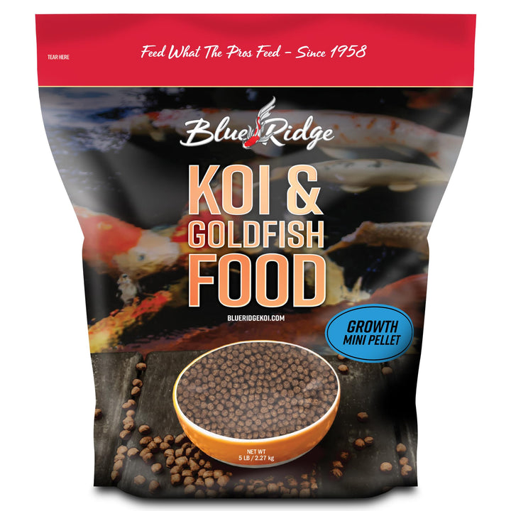 Blue Ridge Koi Fish Food, Growth Formula Mini, 1/8" Pellets, 5 lb | 36% Protein For Active Growth • Consistent 1/8" Pellets For Fry & Juveniles • Vitamins, Minerals & Brewer's Yeast For Color
