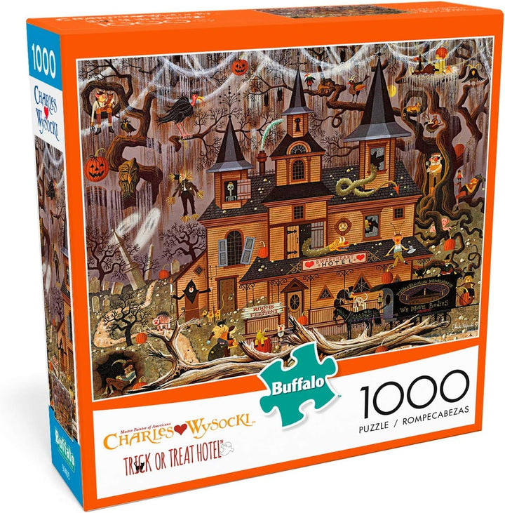 Buffalo Games Charles Wysocki 1000 Piece Puzzles, Trick or Treat Hotel | Full-Color Reference Poster, Made in USA, Sturdy Interlocking Pieces, Halloween Puzzle, 26.75 x 19.75 in, For Adults