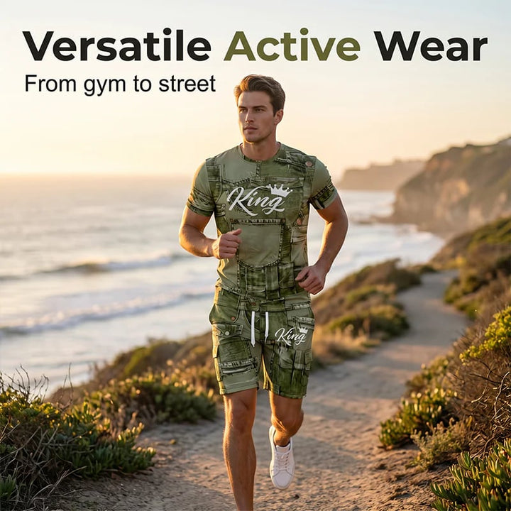 🎉 2026 Sale — Over 33,000 Sold! 👕 Men's Casual Faux Denim Print T-Shirt Shorts Set 🧢