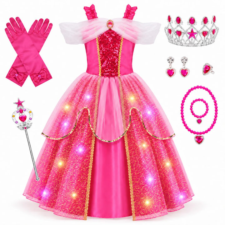 Meland Light Up Princess Dress for Girls Ages 3-10, Halloween Costume Party | Pink Light up Princess Dress for Girls with Princess Toys, Halloween Christmas Birthday Gift for Girls 3 4 5 6 7 8 9 10