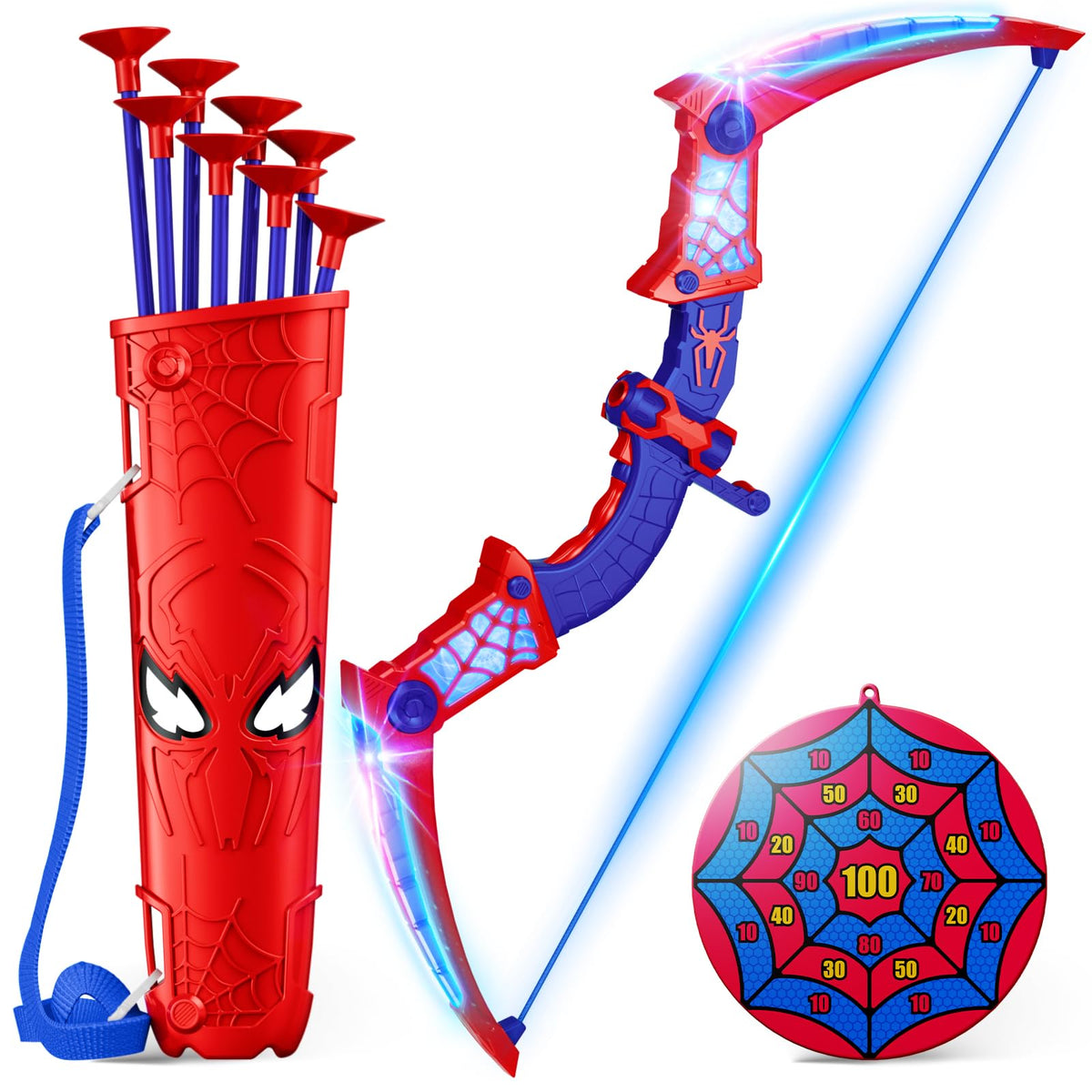 Spider Toys for Boys Age 3-4 4-6 6-8 8-12, Kids Toy BowArrow Shooting Set with Red & Blue LED Lights, Spider Quiver & Web Target, 8 Suction Cup Arrows, Toys Gifts for 3 4 5 6 7 8 9 10 12 Year Old Boys