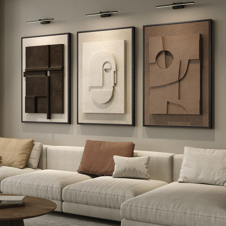 3D Large Framed Brown Abstract Wall Art for Living Room, 3Piece 24x36 In | Solid Wood Frames, Sandstone Textured Artwork for Walls, Black White Geometric Sculptural Pictures Wall Decor Bedroom Office