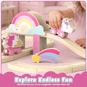 Lehoo Castle Wooden Train Set for Girls, Pink Unicorn Train Set | Princess and Castle Pieces for Imaginative Play, Compatible with Most Wooden Train Tracks, Birthday Gift for Girls