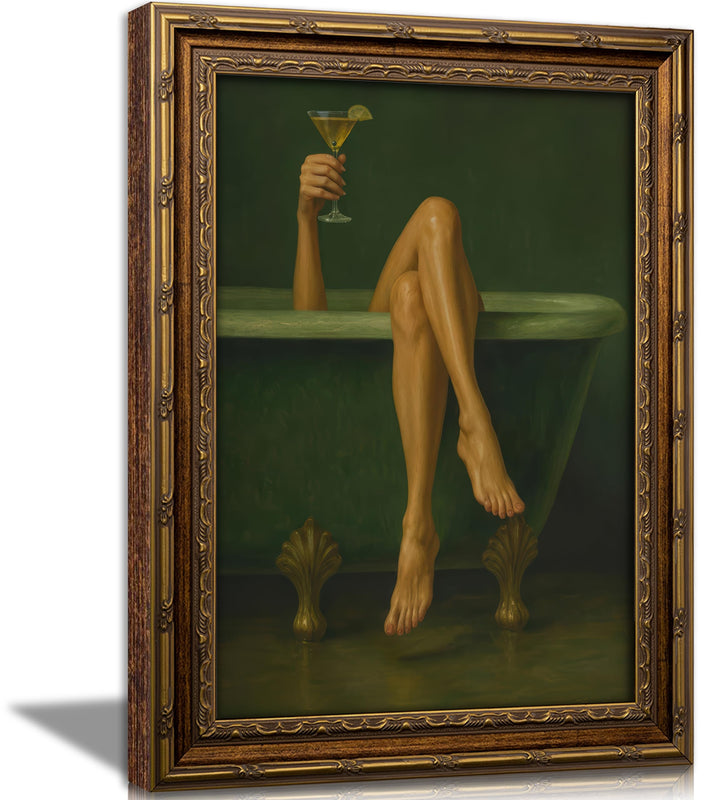 Vintage Gold Framed Bathroom Wall Art, Funky Modern Woman With Dirty Martini Bar Canvas Print, Sage Green Bathtub Painting Picture, Funny Cocktail Poster Artwork for Toilet Restroom Washroom Home Bar