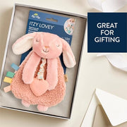 Itzy Ritzy Lovey Including Teether, Teething Relief, 0+ Months (Pink Bunny) | Baby Lovey with Soft Sherpa, Plush Minky, Silicone Teether, Crinkle Sounds, Textured Ribbons, and Interactive Dangle Arms