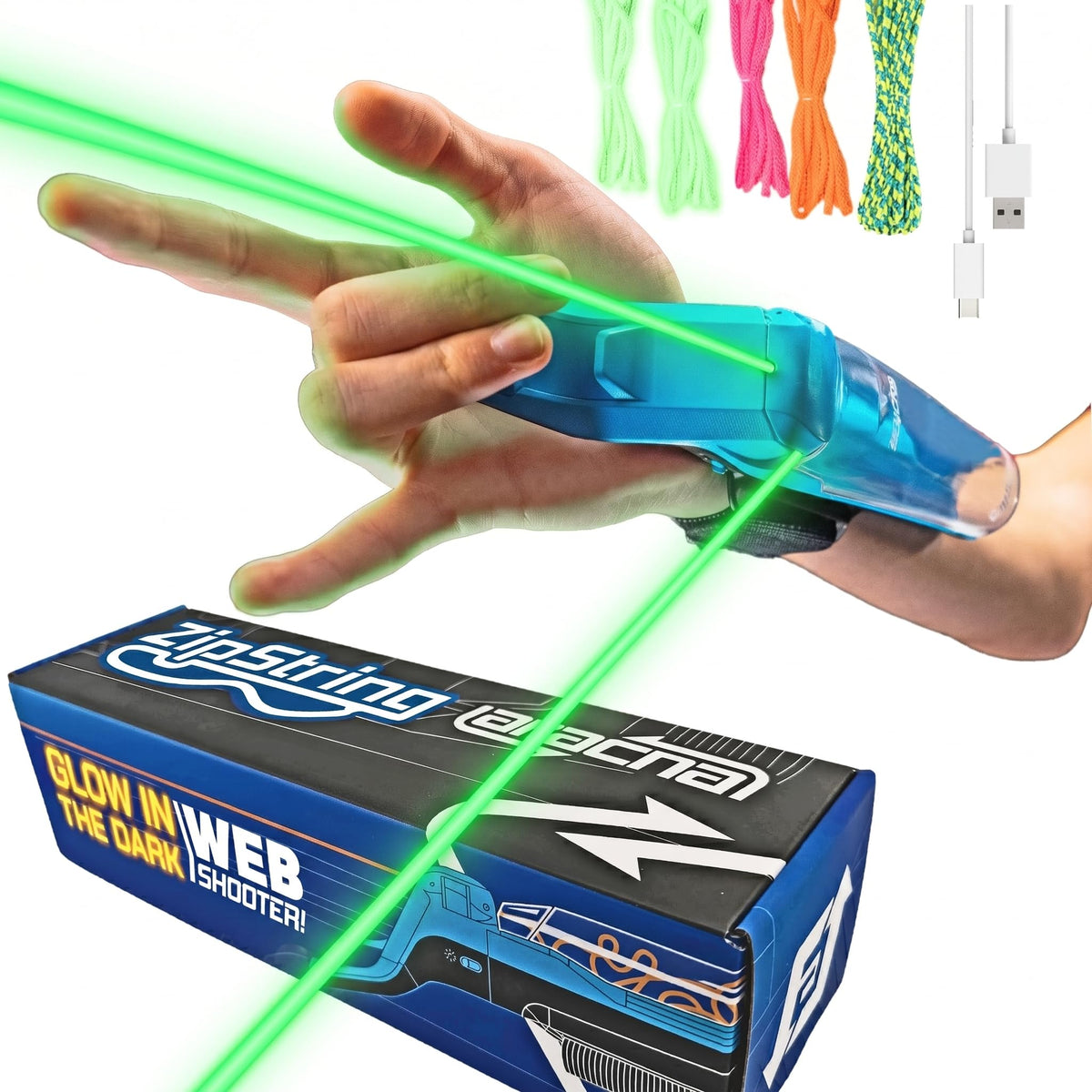 ZipString Aracna Glow-in-the-Dark Webshooter String Launcher Toy | With Travel Box & Fluorescent Strings, For Kids, Teens & Adults, Patented, Reloading, Durable, Superhero Web Shooting Action
