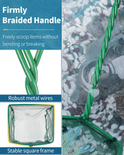 Pawfly Aquarium Fish Net with Braided Metal Handle Square Net with Soft Fine Mesh Sludge Food Residue Wastes Skimming Cleaning Net for Fish Tanks Small Koi Ponds and Pools