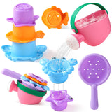 Fajiabao Toddler Bath Toys for Kids Ages 1-3 Stack, Scoop & Pour Set 5PCS | Drain Quickly Nest for Easy Storage & Stuffers with 3 Animal Stacking Cups, Watering Can & Scoop That Floating Tub Water Play
