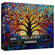 Amzgo® 1000 Pieces Stained Glass Jigsaw Puzzle, Beautiful Tree of Life Art Puzzles for Adults, Unique Fun Impossible Hard Difficult Challenging Pretty Puzzles, Colorful Mosaic Nature Puzzle