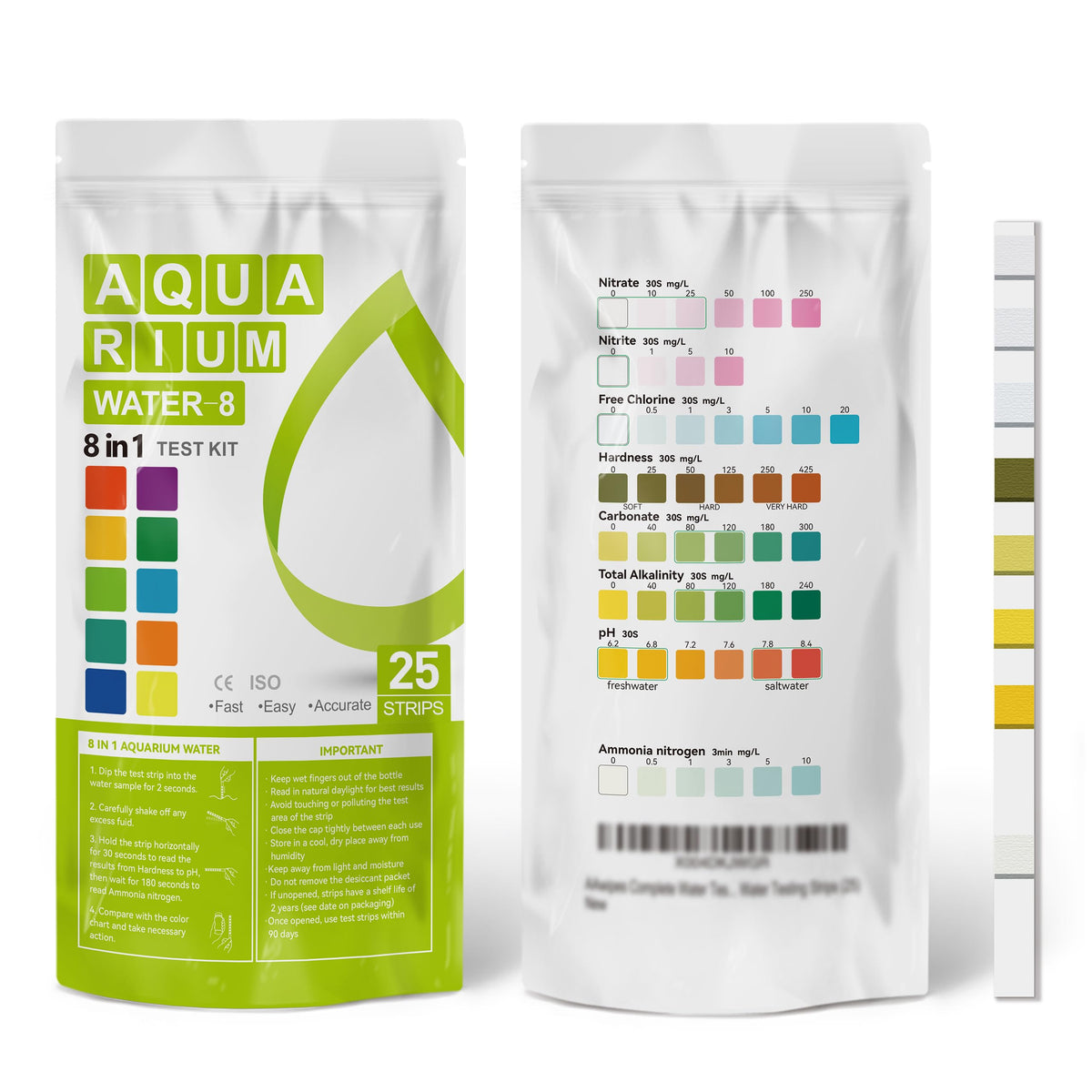 AAwipes Aquarium Ammonia Test Strips 8-in-1 |25 Strips | Quick & Accurate Water Testing Test pH, Ammonia, Alkalinity, Hardness, Chlorine, Nitrite, etc. (K02-25)