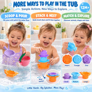 Fajiabao Toddler Bath Toys for Kids Ages 1-3 Stack, Scoop & Pour Set 5PCS | Drain Quickly Nest for Easy Storage & Stuffers with 3 Animal Stacking Cups, Watering Can & Scoop That Floating Tub Water Play