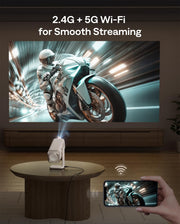 Aurzen BOOM Air Google TV Portable Projector with USB-C Powered, Off-White | Smart Projector with WiFi and Bluetooth, for Outdoor & Home Movie, 4K Supported, Real-Time Focus, Dolby Audio, Flexible Stand
