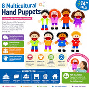 Fun Express Hand Puppets for Kids, 8 Multicultural, 14 Inch | Plush with Movable Mouths, Speech Therapy, Social Emotional Learning, Dramatic Play