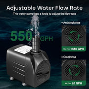 GROWNEER 550GPH Submersible Pump 30W Fountain Aquarium Water Pump | 2000L/H, with 7.2ft High Lift, 3 Nozzles for Fish Tank, Pond, Hydroponics, Statuary, Pool, Water feature, 5.9ft Power Cord
