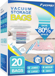 Fygrip 80% Space Saver Vacuum Storage Bags with Hand Pump, 20 Combo | Plastic Packaging Bags, Vacuum Seal Bags for Clothing, Travel Luggage, Blankets, Comforters