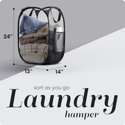 Handy Laundry Mesh Pop-Up Hamper Collapsible with Side Pocket 2-Pack | Breathable foldable design saves space; wide opening makes loading easy. Sturdy build stores clothes neatly. Black.