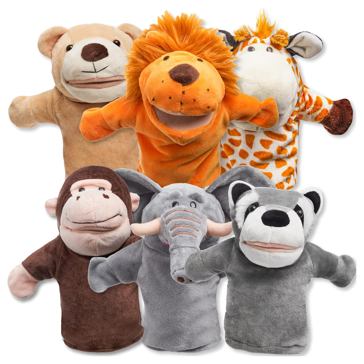 JOYIN 6Pcs Kids Hand Puppet Set with Working Mouth, Plush Toy Includes Elephant, Giraffe, Lion, Bear, Raccoon and Monkey for Show Theater, Stuffed Animals, Kids Toys for Girls & Boys